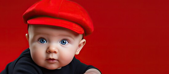 a cute baby wearing a red hat with ample room for text or images