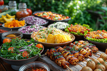 Wall Mural - Side dishes like coleslaw, potato salad, and corn on the cob on the picnic table Variety of natural foods and ingredients displayed on the table