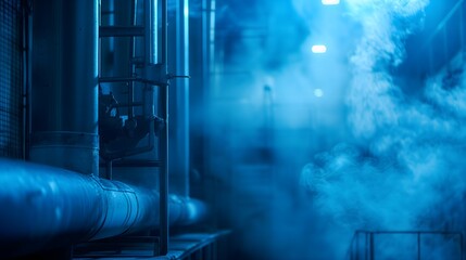 Poster - It is a large industrial building with a lot of pipes and a lot of smoke. The smoke is coming from a machine in the middle of the room