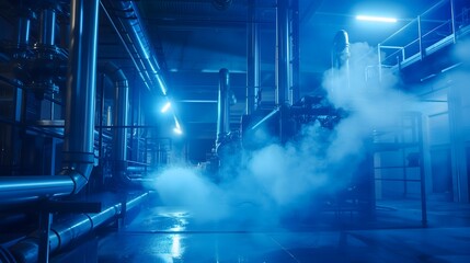 Poster - It is a large industrial building with a lot of pipes and a lot of smoke. The smoke is coming from a machine in the middle of the room