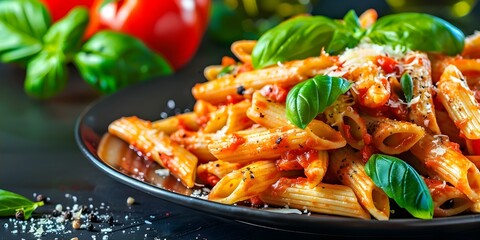 Wall Mural - Serving of classic Italian penne arrabiata with basil and parmesan on a dark table. Concept Italian Cuisine, Penne Arrabiata, Food Photography, Basil and Parmesan, Dark Table