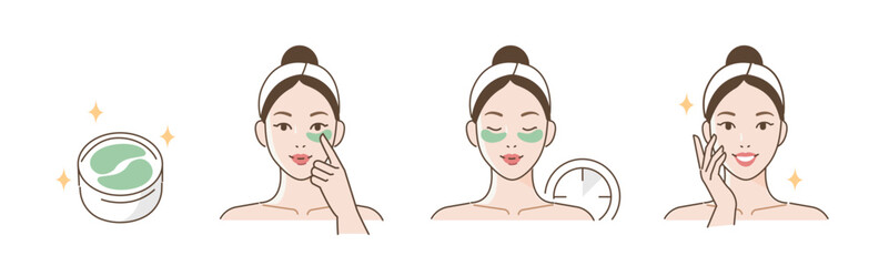 Sticker - Skincare illustrations set. Collection of girl applying collagen hydrogel patch on her delicate under eyes skin. Dark circles treatment concept. Vector illustration.