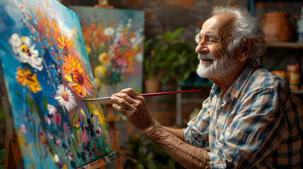 Wall Mural - Embracing Inclusion  Creativity: Elderly Man with Alzheimer s Painting Joyfully, Highlighting Therapeutic Benefits; Photo Realistic Stock Concept