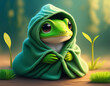 Cute little green baby frog wrapped in a green blanket, illustration.