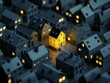 © EF Studio - Rendering of a glowing yellow house in the middle of dark grey houses,