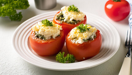 Wall Mural - Stuffed baked tomatoes with spinach and ricotta cheese on table. Tasty vegetarian food for dinner