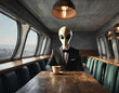 Lonely alien sitting in a diner having a cup of coffee.