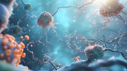Poster - microscopic metabolic mechanisms illustrated in vibrant 3d rendering of neural cell structures and