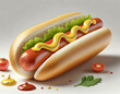 Hot dog with mustard and ketchup on a white background, illustration.