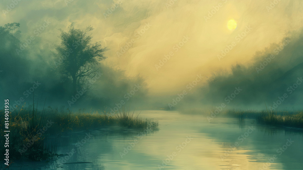 Mystical Misty River Landscape at Dawn with Golden Sunlight and Foggy ...