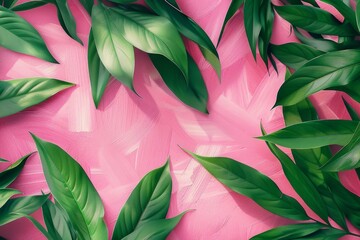 Wall Mural - green leaves on a pink background with a shadow