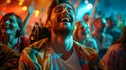 Wall Mural - Photo realistic of a man with cerebral palsy joyfully enjoying a concert with friends, showcasing inclusivity and shared experiences