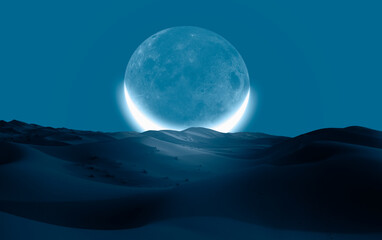 Aufkleber - Dusk sky with crescent moon in the clouds on the foreground hot desert (sand dune) 
