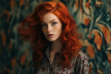 Wall Mural - Stunning woman with vibrant red hair poses gracefully, with a vividly patterned background