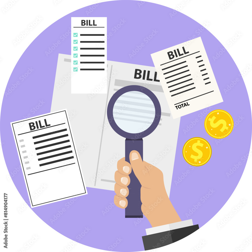 Bill, check, receipt. A hand with a magnifying glass examines receipts and counts money. Vector, cartoon illustration.