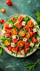 Wall Mural - A plate of salad with a watermelon, tomatoes, feta, arugula and onions.