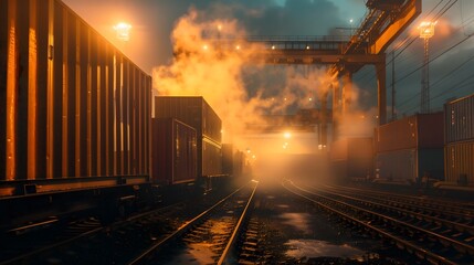 Poster - A train yard with a lot of smoke and steam