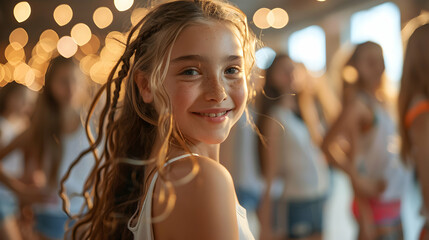 Wall Mural - Teen with ADHD Excitedly Dancing: Inclusion and Physical Activity Benefits in Dance Class   Photo Realistic Concept Highlighting Joyful Participation