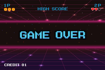 Wall Mural - GAME OVER. Synthwave wireframe net illustration. pixel art .8 bit game. retro game. for game assets .Retro Futurism Sci-Fi Background. glowing neon grid. and stars.