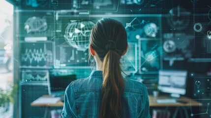 Poster - A woman stands in front of a computer screen, attentively focusing on the digital display.