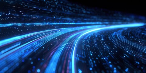 A digital background with blue and white lights moving fast, representing the speed of data transfer in technology. 