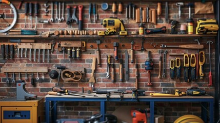 Various tools neatly hung and arranged on a brick wall in a garage setting.