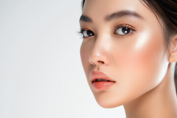 Wall Mural - Asian girl with glowing skin and natural makeup, looking intensely at the camera