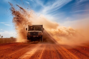 A photo of an open truck driving on a red dirt road in the outback, splashing dust and debris behind it, in Australia. The photo is in the style of an Australian landscape photographer. 