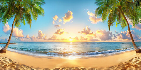 Wall Mural - A beautiful beach scene with palm trees and a sunset in the background