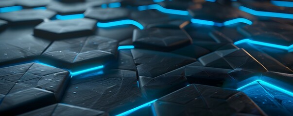 Poster - 3d render of dark grey hexagons with blue neon lights on the edges, low perspective, octane rendering, metallic texture, high resolution photography 
