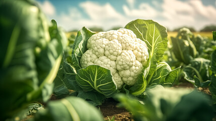 A vibrant, fresh cauliflower head stands out in a sunlit field, surrounded by lush green leaves, symbolizing natural and healthy farming.

