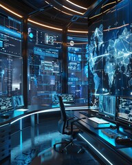 Poster - Futuristic command center with multiple screens displaying data and a world map.