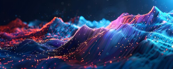 Poster - Abstract digital data visualisation with colorful sound waves and glowing lines on dark background, futuristic design for technology concept 
