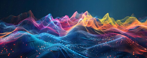 Aufkleber - Abstract digital data visualisation with colorful sound waves and glowing lines on dark background, futuristic design for technology concept 
