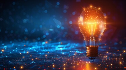 Poster - A neon-style light bulb glows vividly against a blue digital background, symbolizing innovative business concepts.