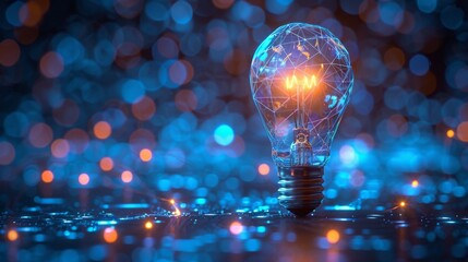 Poster - A neon-style light bulb glows vividly against a blue digital background, symbolizing innovative business concepts.