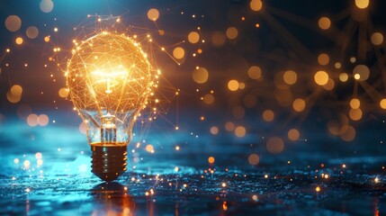 Poster - A neon-style light bulb glows vividly against a blue digital background, symbolizing innovative business concepts.