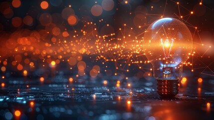 Poster - A neon-style light bulb glows vividly against a blue digital background, symbolizing innovative business concepts.