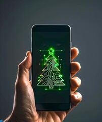 Poster - Hand Holding Smartphone Displaying Neon Green Circuit Board Christmas Tree. Modern Holiday Concept in Tech Style. Ideal for Tech-Themed Greeting Cards. AI