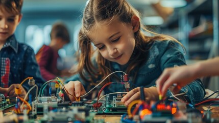 Poster - A group of children of various ages are engaged in the activity of working on electronic circuits, connecting wires and components on a table.