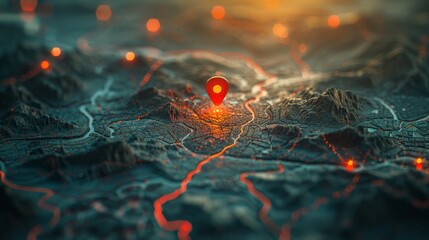 Poster - A red location marker pinpoints a spot on a city street map with a blurred urban backdrop.