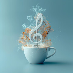 Wall Mural - Cup with a steam in the form of a treble clef. Coffee and music concept.