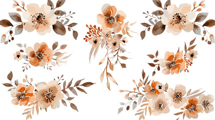 Wall Mural - Brown and orange floral bouquet collection with watercolor