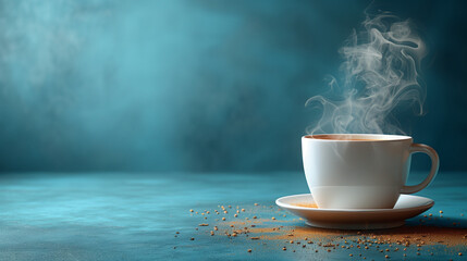 A white cup of hot coffee with smoke