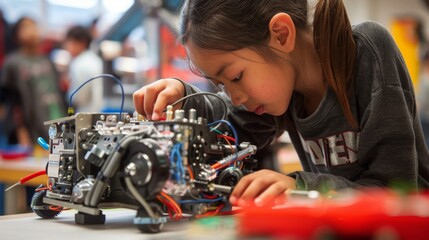 Poster - A young girl is focused on building a robot in a classroom setting.