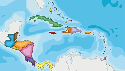 Sticker - Blank Political Caribbean and Central America Map vector illustration with different colors for each country. Editable and clearly labeled layers.