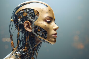 Poster - Realistic female android with exposed cybernetic parts, concept of future ai