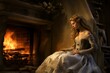© juliars - A serene woman in a luxurious gown sits thoughtfully by a warm hearth