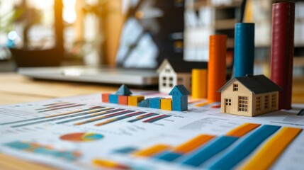 A close-up view of property investment analysis with colorful miniature houses arranged on financial documents.