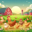 Sunny Farm Morning: A Vibrant Illustration of Chickens Enjoying the Sunrise.